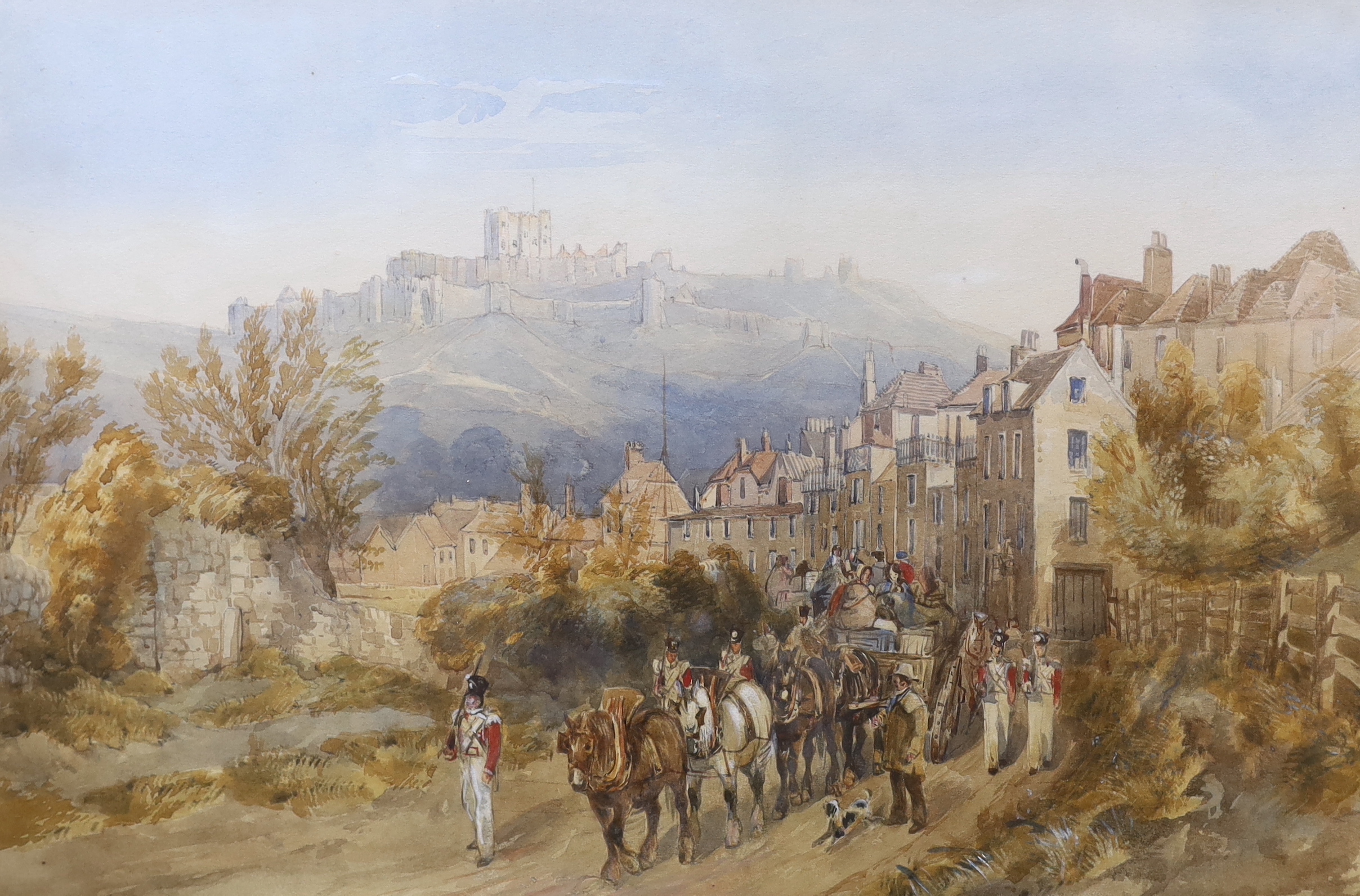 Attributed to William Heath (1795-1840), set of four watercolours, Views around Dover, including the Castle and another of East Barnet, the latter inscribed verso and dated 1837, 29 x 44cm